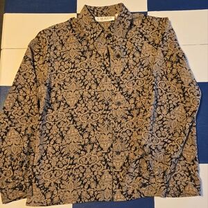 Chaus Petite Vintage Elegant Black and Gold Button Down Sheer Blouse